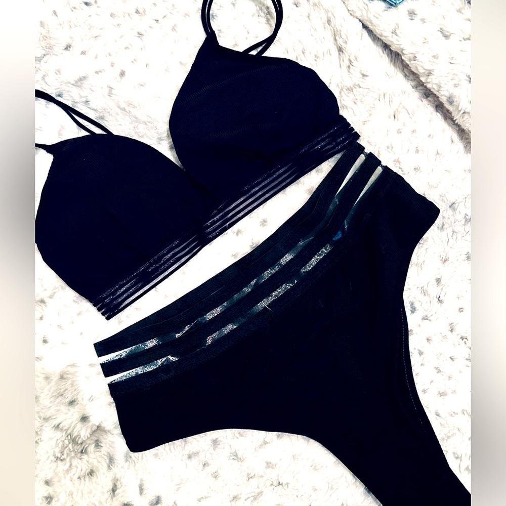 NWT Black Mesh Stripe Bikini Set | Size M